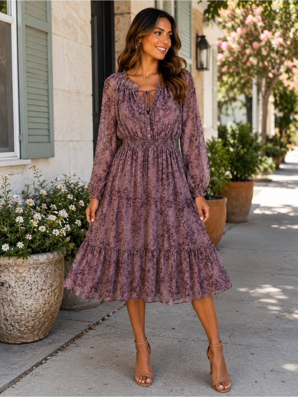 NWT Women’s Small Dusty Purple Floral Midi/Maxi Dress Long Sleeve Praire Boho